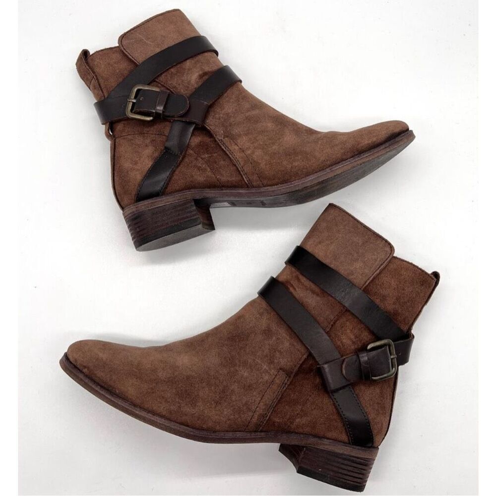 SEE BY CHLOE Suede Ankle Boot Brown Leather Buckle Strap Low Heel, $575